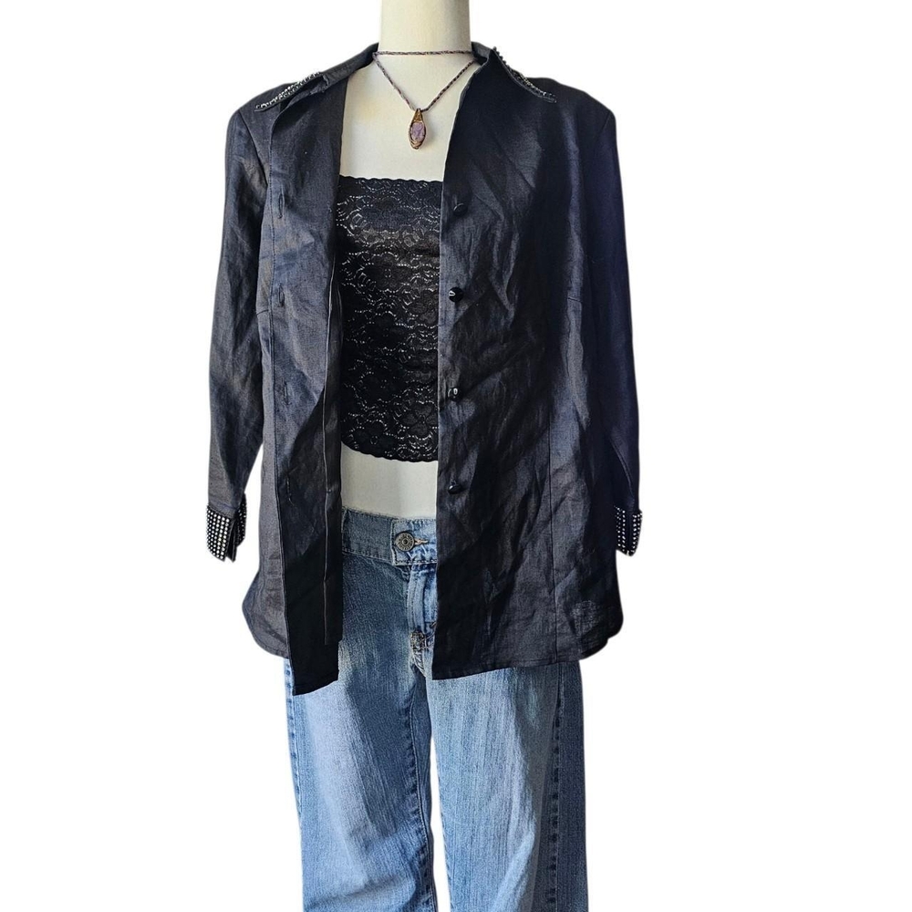 Promise Black Women's Linen Blazer with Embellished Cuffs |Large